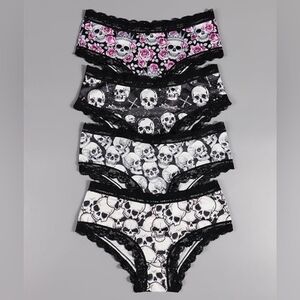 4pcs Women Gothic Skull Print Lace Trims Soft Hipsters Briefs